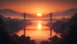 serene sunset scene where the sun dips low in the sky, casting its warm golden glow over a suspension bridge. The bridge spans a wide, tranquil river that reflects the fading light of day