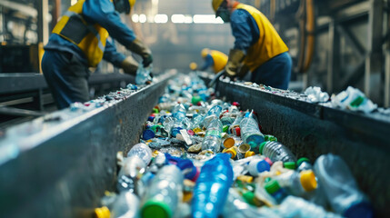 two men sorting plastic bottles at garbage processing plant