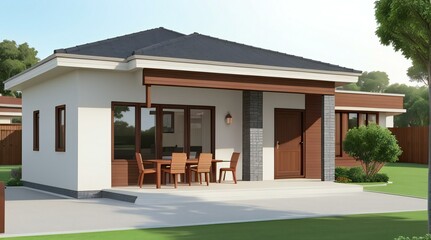 Wall Mural - Modern suburban house with patio and outdoor furniture on a sunny day.