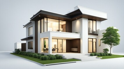 Wall Mural - Modern two-story house with large windows, landscaped lawn, and contemporary design, isolated on a white background.