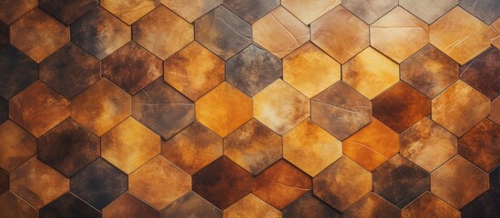 Poster - A closeup of a brown wooden wall with a hexagonal pattern made of natural material. The warm tones of amber and orange give a cozy feel, perfect for a rustic cuisine or flooring