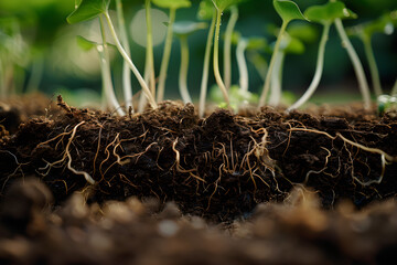 Wall Mural - Close-up of plant roots growing underground with layers of soil in a cross-section view