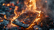 A dramatic image capturing the moment a smartphone is consumed by fire, set amidst glowing embers and rising smoke.