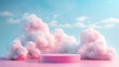 A dreamlike scene with fluffy pink clouds gathered around a minimalist pink podium under a soft blue sky, creating a fantasy atmosphere.