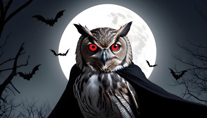  An owl dressed as a vampire with a black cape widow s peak wig fake fangs and red contact lenses against a spooky full moon background with bats flying