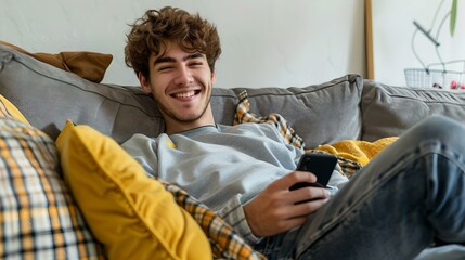 Poster - Young man relaxing on a couch with a remote in hand, smiling and enjoying leisure time at home. casual indoor lifestyle portrayed with warmth and comfort. AI