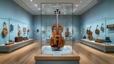 Elegant string instruments exhibition in a modern museum. classical violins and cellos on display, showcasing art and music culture. peaceful and educational atmosphere. AI