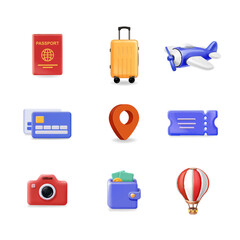 Airplane, map point, ticket, baggage, suitcase, wallet. 3d tourism travel icons