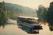 A zero-emission electric ferry transporting passengers across a scenic river.
