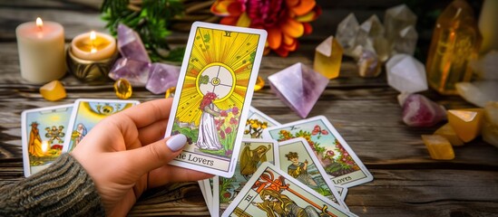 hand holding the lovers tarot card with mystical decor