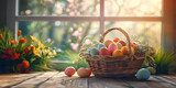 Fototapeta Kosmos - colorful Easter eggs in basket on wooden table and blooming garden on the background. Greeting card design with copy space for.