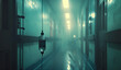 an iv bag is in a hospital corridor on a foggy day