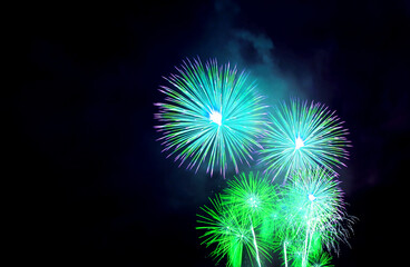 stunning vibrant blue and green fireworks exploding in to the night sky