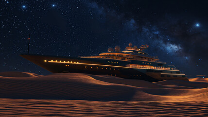 Wall Mural - cruise ship stuck on the desert at night with stars and crescent moon