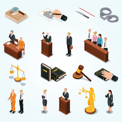 law justice court characters accessories isometric icons set with convict judge attorney hand bible