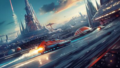 A futuristic cityscape with a red car racing through it