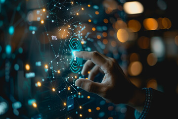 Leinwandbilder - A businessman uses a touch to interact with a neural network abstract technology.