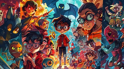 Poster - Cartoons and Comics: Colorful and whimsical illustrations featuring characters and scenes in a cartoon or comic book style. 