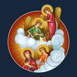 Medallion with St Mary and angels on a dark blue background. Illustration in Byzantine style