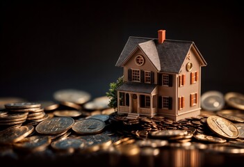 Wall Mural - House model and coins on dark background. Real estate and finance concept.