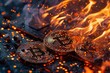 Broken GPUs in a blaze of fire with a letter about cryptocurrency at the center