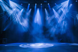 Fototapeta  - many turned on blue spotlights illuminate an empty stage, a background for a splash screen or filling, a performance, a show