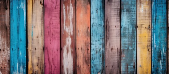 Wall Mural - A detailed shot showcasing the intricate pattern of magenta tinted hardwood planks forming a vibrant and artistic wooden wall