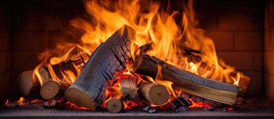 Poster - Close-up of fire burning wood in traditional fireplace.