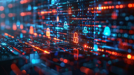 Wall Mural - An abstract digital landscape illustrating a cybersecurity concept with glowing padlock icons, binary code, and network data flowing across the screen, representing protection in the digital space.