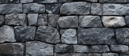 Wall Mural - A close up of a stone wall made of grey rocks, showcasing the intricate pattern of the brickwork. The building material used is bedrock, perfect for flooring or road surfaces