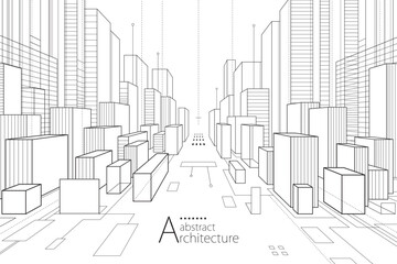 Aufkleber - 3D illustration, abstract modern urban landscape line drawing, imaginative architecture building construction perspective design.
