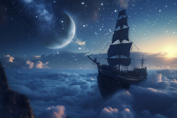 Wall Mural - Old ship sailing in the sea of clouds at night with crescent moon and stars