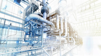 blue-toned illustration of industrial pipes and equipment, emphasizing the technological backbone of