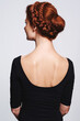 Back view of woman, hair and braid hairstyle for beauty, elegant redhead with glamour and cosmetology on white background. Haircare, luxury or regal, Irish model with plait or twist for cosmetic care