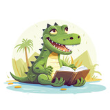 Fototapeta Dinusie - Crocodile reading book on white background illustratation