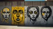 Rugged concrete walls with artistic human face yellow grafitti drawings from Generative AI