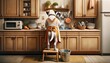 a humorous scene of a dog from the back, wearing an apron and standing on a stool, diligently washing dishes in a sink