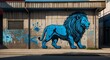 Rugged concrete walls with artistic abstract blue lion grafitti drawings, front view from Generative AI
