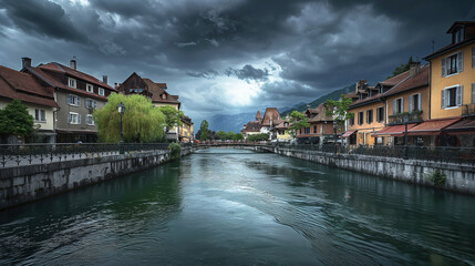 Wall Mural - The landscape of some alpine town.