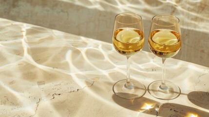 Wall Mural - Two glasses beverage with shadow on natural light brown background