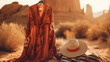 Women's dress and straw hat in boho style on natural landscape