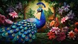 A painting of a blue peacock in a garden surrounded by flowers. Generative AI.
