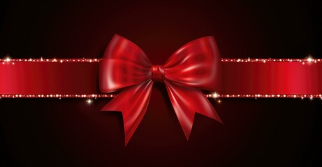 Poster - A red bow with shiny lights on a dark background. Generative AI.