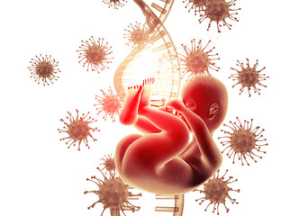 Wall Mural - Fetus on virus and dna background. 3d illustration.