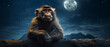 A monkey sitting in front of a full moon with its eyes