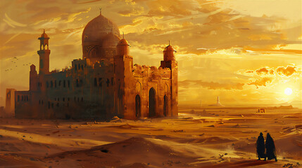 Wall Mural - Impression Painting of Mosque in sunset sky