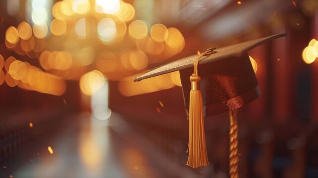 Graduation cap in focus against a backdrop of festive celebration highlights