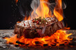grilling steak on flaming, on black background.