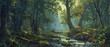A painting of a forest with a river running through it