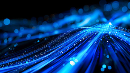Poster - Abstract blue data flow light streak over a black background. Communication technology and data traffic concept.